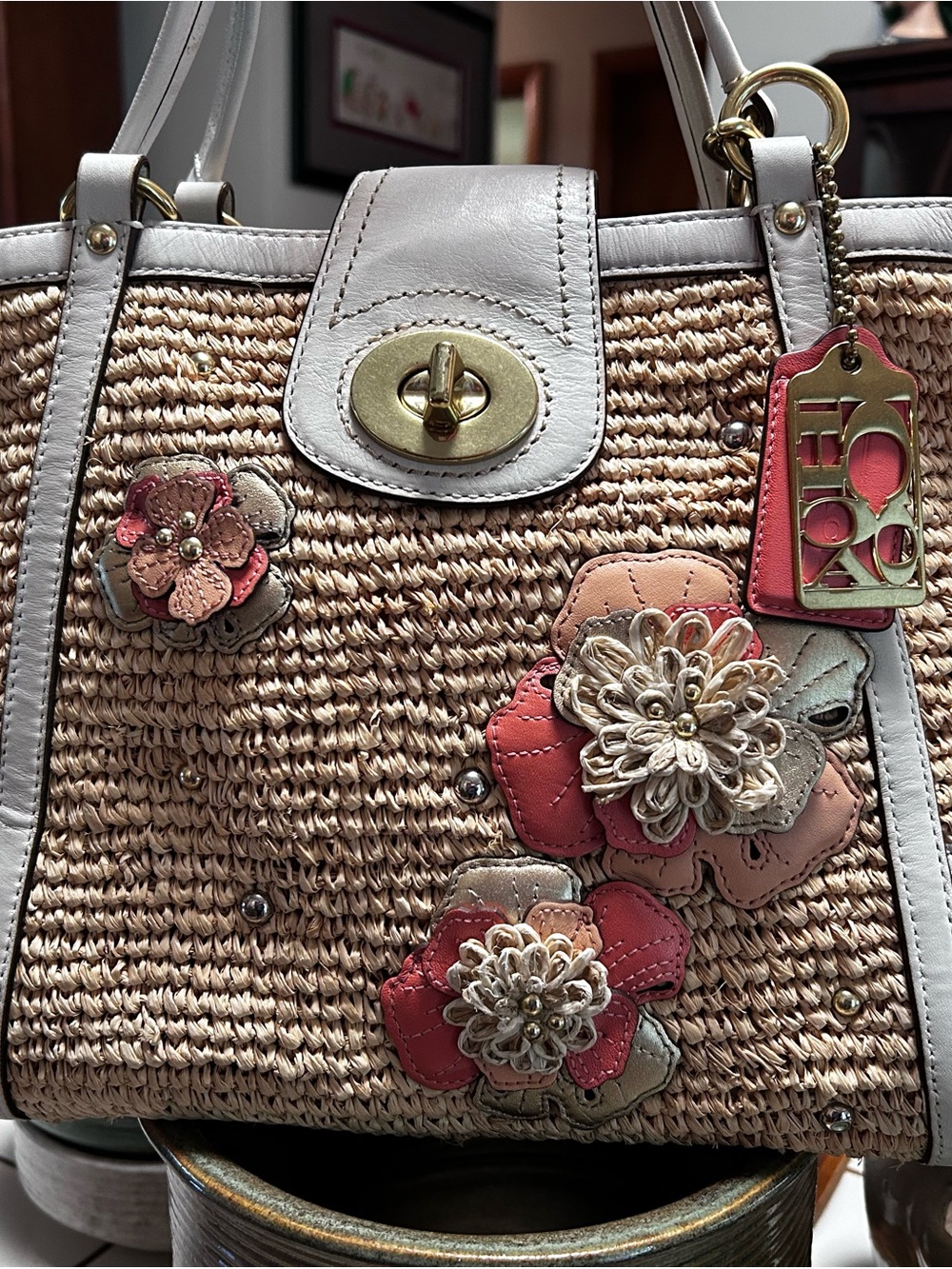 Coach Straw Tote Bag in Natural/White Leather and Flower Appliqué 19347 Hamptons - Picture 2 of 14